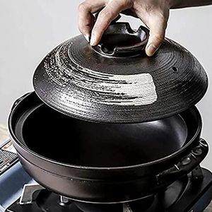 Japanse braadpan Hittebestendige keramische braadpan met deksel ronde braadpan, soeppan olievrije pot Japanse hot pot met borstel, zwart, 2,8 l (zwart 2,8 l)