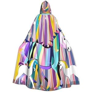 Bxzpzplj Eenhoorns op kleurrijke strepen print mystieke mantel met capuchon voor mannen en vrouwen, Halloween, cosplay en carnaval, 185 cm