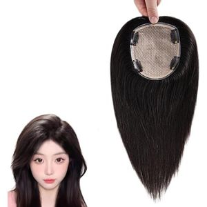 Zwarte Haartoppers for Vrouwen 100% Echte Menselijke Haarstukken 10/12 Inch 360° Dekking Haarextensies, 12x14 Cm Zijden Basis Clip-in Pruiken for Dunner Wordend Haar, Haaruitval, Grijs Haar(30cm)