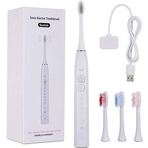 JMFBeauty Elektrische tandenborstel, ultrasone tandenborstel, 2 minuten, timer, 4 opzetborstels, 5 poetsprogramma's, USB-reis-oplaadetui & reiskoffer (wit)