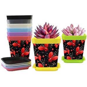 HemaKayy Kleine plantenpotten, verpakking van 8 bloempotten, plantenbakken voor kamerplanten, plantenbakken met afvoergat en schotelschotel - Rode lieveheersbeestjesbloemen