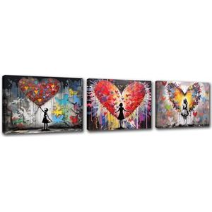 Graffiti Banksy Love Wall Art Prints Poster Graffiti Meisje Canvas Kunst Kleurrijke Krabbel Straat Muur Foto Kamer Decor Aquarel Stijl voor Woonkamer Decor Kunstwerk Uitgerekt Gemakkelijk op te hangen