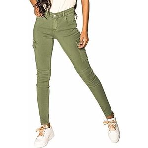 Nina Carter S353 Cargobroek voor dames, skinny fit, jeansbroek, cargojeans, stretchjeans, used look, kaki (S353-5), XS