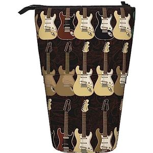 Kunst Gitaar Patroon Potlood Case Telescopische Make-up Tas Pop Up Office Organizer Box Staande Pen Houder Cosmetica Tas Met Ritssluiting, Zwart, Eén maat