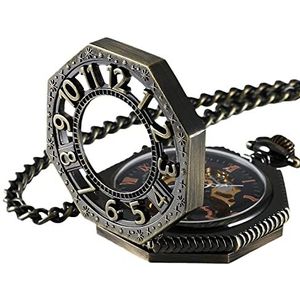 Romeinse Retro oude spoorweg stijl Brons Octagon Steampunk mechanische Skelet Hand-wind pocket horloge met Ketting CHPW02