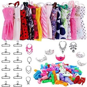 QoFina Kleding voor Barbie Kleding Schoenen Kleding Poppenkleding Barbie Jurk Schoenen Rokken Accessoires voor Poppen, Sieraden Kledinghangers, Cadeau voor Meisjes