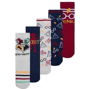 Harry Potter Hogwarts Kindersokken, voor jongens en meisjes, grijs/blauw/rood, set van 5 stuks, grijs/blauw/rood, 23-26 EU