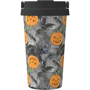 Halloween grijze vleermuis spin pompoen print reizen koffiemok lekvrije thermosbeker geïsoleerde beker, voor kantoor kamperen