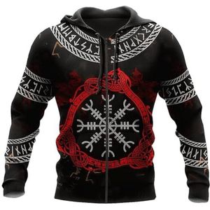 Unisex Nordic Ouroboros Sweatshirt met Ronde Hals, Retro 3D-geprinte Kompastattoo Viking trui, Herfstmodieus Los Kangoeroe-sweatshirt met Grote Zak en Rits(Color:Zip Hoodie,Size:L)