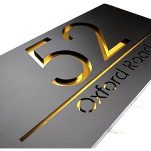 Huisnummers, adres, digitaal huisnummer, personaliseerbaar, lasergesneden, 3D-acryl, gepersonaliseerd huisnummerbord, modern buitenhuis (kleur: zwart en