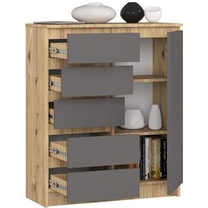 BDW - Commode met 5 laden en 1 deur - 80 cm breed, 97 cm hoog - kast, sideboard, multifunctioneel, schoenenkast, ladekast, archiefkast - woonkamer, slaapkamer, hal (Artisan-eiken/grijs)