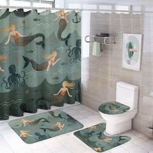 Zeemeermin prinses 4 stuks badkamer sets met douchegordijn toilet deksel en tapijten