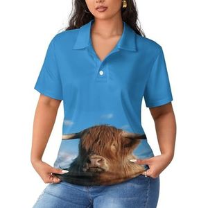 Scottish Highland Cow Dames Sport Shirt Korte Mouw Tee Golf Shirts Tops Met Knopen Workout Blouses