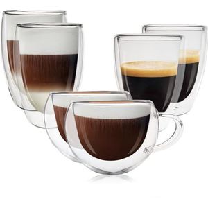 Goliving Dubbelwandige glazen, set van 6 stuks, bestaande uit espressokopjes, cappuccinoglazen en latte macchiato-glazen, dubbelwandige thermobeker, vaatwasmachinebestendig, koffiebeker in 3 maten