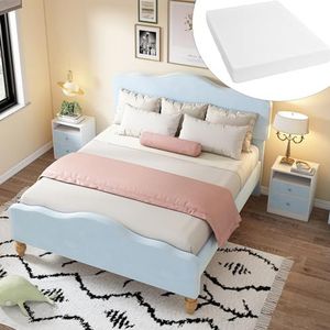 Aunvla (Met matras, slaapkamerset, modern design, gestoffeerd bed + 2 x nachtkastje, nachtkastje met 2 laden, slaapkamermeubelset, fluweel, blauw (140 x 200 cm)