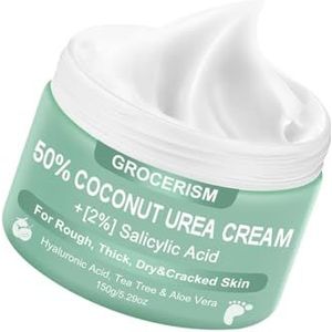 Urea Crème 50 procent voor voeten, maximale sterkte 150 gram, met kokosnoot en 2% salicylzuur, voet- en handcrème met hyaluronzuur, theeboom en aloë vera voor diepe bevochtiging, eelt