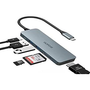 USB C Hub Multiport Adapter, HOPDAY 6 in 1 USB-C Hub met 4K HDMI,100W PD, SD/TF-kaartsleuven, USB 3.0 5 Gbps gegevenspoorten, voor MacBook Pro, MacBook Air, iPad Pro, DELL, XPS