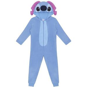 Disney Stitch kinderonesie, blauw met roze oren, coral fleece slaappak, full-body kostuum, ritssluiting capuchon, Lilo & Stitch, lichtblauw, 128