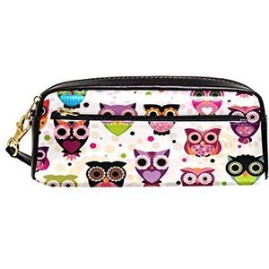 Roze Uilen Draagbare Pouch PU Lederen School Pen Case Stationaire Potlood Tassen Waterdichte Cosmetische Tas Make-up Schoonheid Case 20.5x5x8.5cm/8.1x2x3.3in Style01