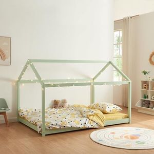 [en.casa] Kinderbed Cerro huisbed jeugdbed bed in huislook van massief grenen bedframe met bedbodem mint 120x200 cm