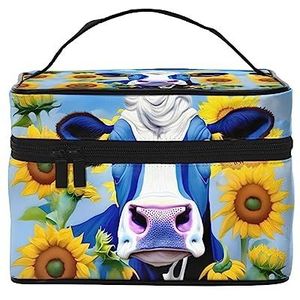 Leuke grote bruine cartoon uilen afdrukken make-up tas,Draagbare cosmetische tas,Grote capaciteit reizen make-up case organizer, Koe Met Zonnebloemen In Blauw, Eén maat