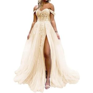 HPPEE Dames off-shoulder galajurken met split kant applicatie glitter tule formele jurk lange baljurk, Champagne, 32