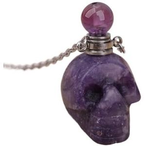 Gemstone Skull Head Perfume Bottle Pendant For Women Hand Carved Crystal Skull Figurine Essential Oil Necklace Gift (Color : Silver_Purple Jade)