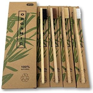 EKNA Bamboe tandenborstels - Set van 4 bamboe tandenborstels - tandenborstels van bamboe - 2x houten tandenborstel medium en 2x bamboe tandenborstel hard, 100% veganistisch en BPA-vrij (set van 4)