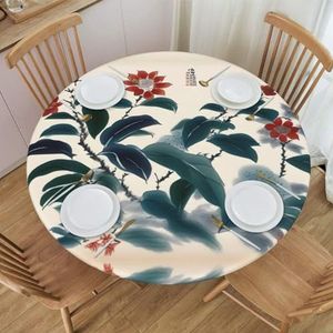 Bloem met groene bladeren patroon rond tafelkleed, waterdicht en afveegbaar met elastische randen, geschikt voor het decoreren van ronde tafels.