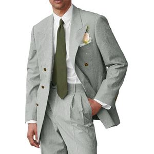 RAJEGAR 2-delige herenpakken lichtgewicht zomer casual blazer jas broek set slanke smoking voor business, feest, bruiloft, bal, Grijs, XXS