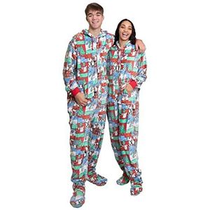 BIG FEET PAJAMA CO. Pluche hoodie voor heren en dames met capuchon, eendelige pyjama met buikflap, Kerstmis Print, M