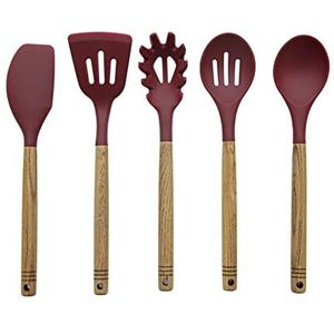 Kookgerei Set, Kooklepels, Set van 5 Stuks, Rood, Siliconen, Essenhout - Barbary & Oak | Foundry