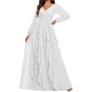Prinses Bruidsmeisje Jurken Lange Mouw Prom Jurken V-hals Chiffon Formele Avond Party Maxi Jurk ZM208, Wit, 32