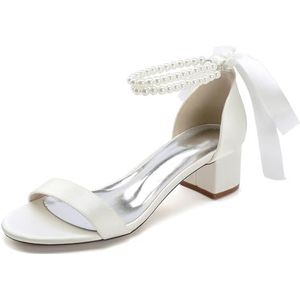 Dames Lage Blokhak Bruidssandalen Parel Enkelband Trouwjurk Schoenen Open Teen Pomp Sandalen,ivoor,35 EU