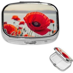 Rode papaver bloem pillendoos draagbare kleine pillendoos 2 compartimenten metalen pil vitamines houder organisator schattige reizen pillendoos voor portemonnee zak