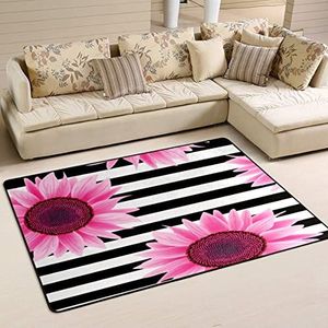 Gebied tapijten 100 x 150 cm, roze zonnebloem zwart-wit gestreept patroon welkomstmat print kantoormatten zacht vloertapijt, voor ingang, keuken