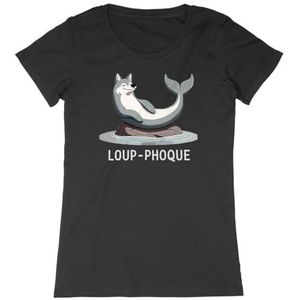 T-shirt met zeewolf, voor dames, bedrukt in Frankrijk, 100% biologisch katoen, cadeau voor dieren, verjaardag, grappig, origineel, Zwart, M