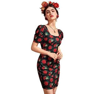 jurken voor dames Bodycon-jurk met bloemenprint en pofmouwen for dames (Color : Multicolore, Size : X-Small)