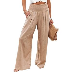 QLXDSD Linnen broek lange zomerbroeken voor dames - wijde broeken mode effen broeken elegante zomerbroeken strandbroeken harembroeken joggingbroeken feestelijke broeken (Color : Khaki, Size : XL)