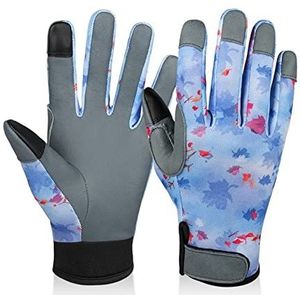 Tuinhandschoenen voor dames Dames lederen palmtuin handschoenen met gebreide pols, koraal bloemenpatroon Doornbestendige, lekbestendige werkhandschoenen(BlueL)