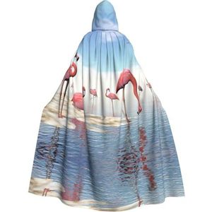 WURTON Flock Of Pink Flamingo's On The Beach Print Volwassen Hooded Mantel Unisex Capuchon Halloween Kerst Cape Cosplay Kostuum Voor Vrouwen Mannen