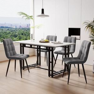 Aunvla 120 x 70 cm, zwart, eettafel met 4 stoelen, moderne keuken, eettafel, donkergrijze linnen eetkamerstoel, zwarte ijzeren beentafel