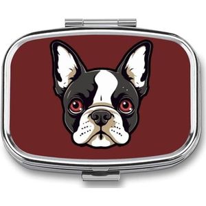 Vierkante Pillendoos 2 Compartimenten Pillendoosje voor Portemonnee & Pocket Kleine Pil Organizer Cartoon Boston Terrier Gezicht Reizen Pillendoos Draagbare Olie Opbergdoos Metalen Geneeskunde