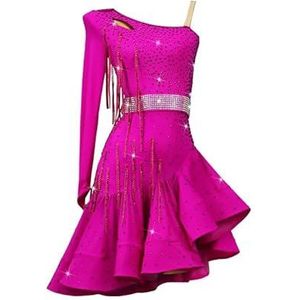 Yhwacyznm Volwassen Latijns Amerikaanse dansrok met visgraatmotief Cha Cha Professionele Wedstrijdjurken Glanzende Tango Dansoutfit voor Dames Balzaalkleding met enkele mouw,Rose red,L