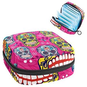 Periode Pouch Draagbare Tampon Opbergtas,Tampon Houder voor Portemonnee Vrouwelijke Product Organizer,Roze Schedel Bone Mexico, Meerkleurig, 4.7x6.6x6.6 in/12x17x17 cm