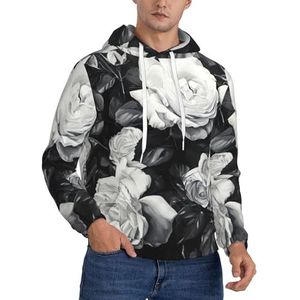 Jkkghll Zwart Wit Rose Print Mannen Hooded Warme Lichtgewicht Trui Voor Winter Herfst En Lente Casual Wear, Zwart, XS