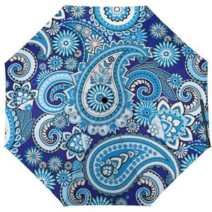 Paisley Blauw Print Patroon Paraplu Winddicht Sterke Reizen 3 Vouw Paraplu Voor Mannen Vrouwen Automatische