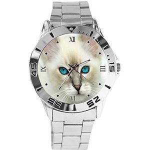 Witte Cat Design Analoge Polshorloge Quartz Zilveren Wijzerplaat Klassieke Roestvrij Stalen Band Dames Heren Horloge
