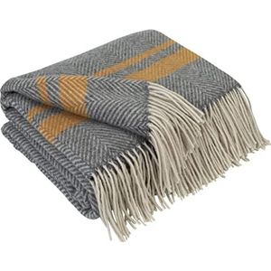 LYHome Merino Wollen Deken - Plaid Wol voor Sofa Bank & Bed, Merinowol Blanket Zachte Warme, Grote Sprei Merinowollen, Plaids Schapenwollen (140 x 200 cm | Grijs met Mosterd Geel en Wit Gestreept)