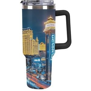 RTFGHJS 40 oz beker Las Vegas nachtzicht geïsoleerde beker reizen koffiemok met rietje deksel roestvrij stalen waterfles vacuüm geïsoleerde beker voor sport werk auto reizen weekends